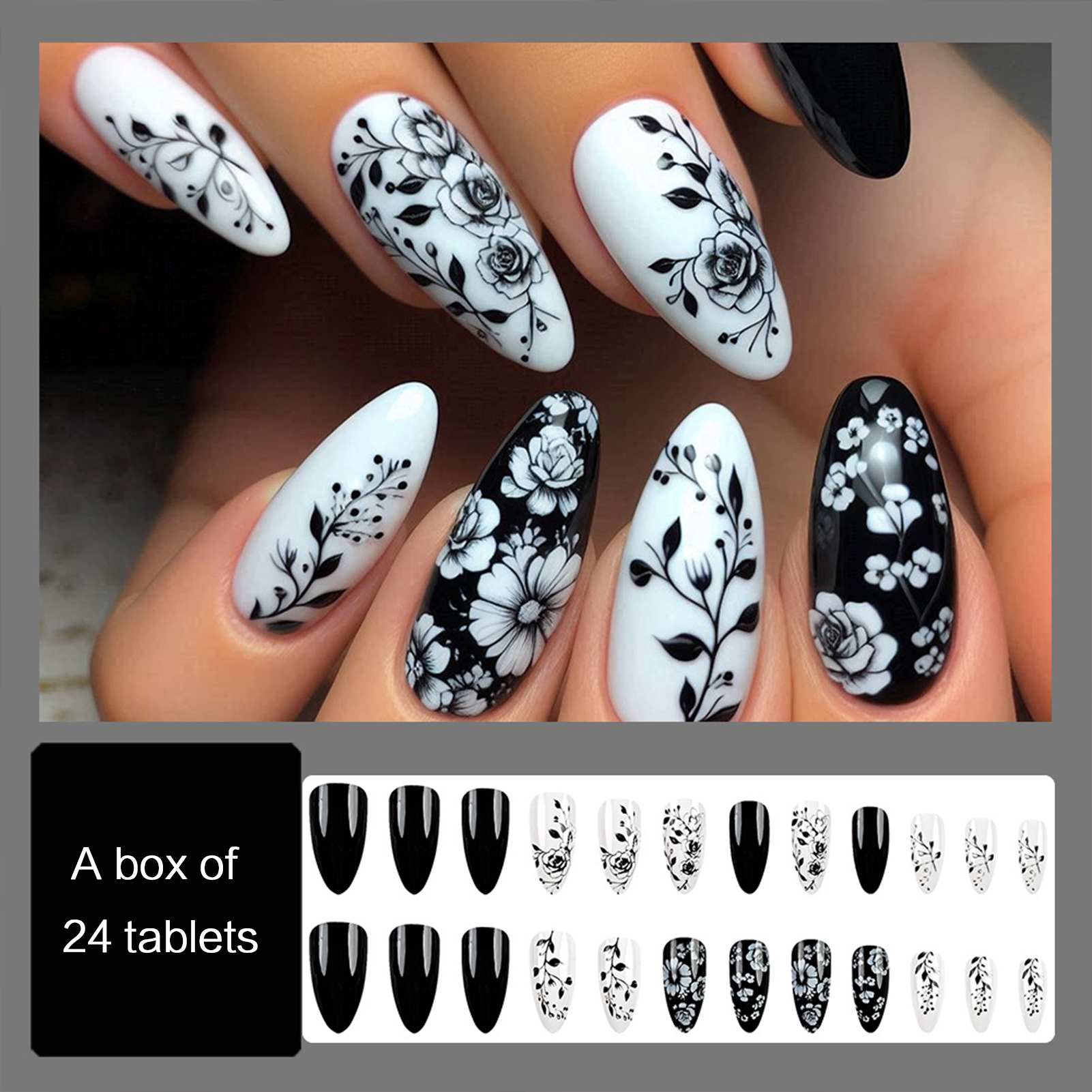 24Pcs Almond Fake Nails Black/ - Pressed Flower Art recensie en prijs